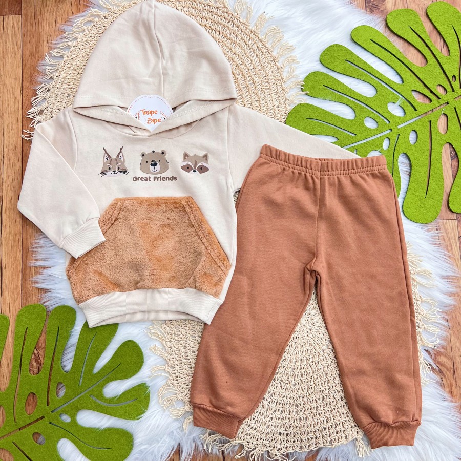 Conj. Casaco Great Friends com Pelinhos e Calça de Moletom - Areia